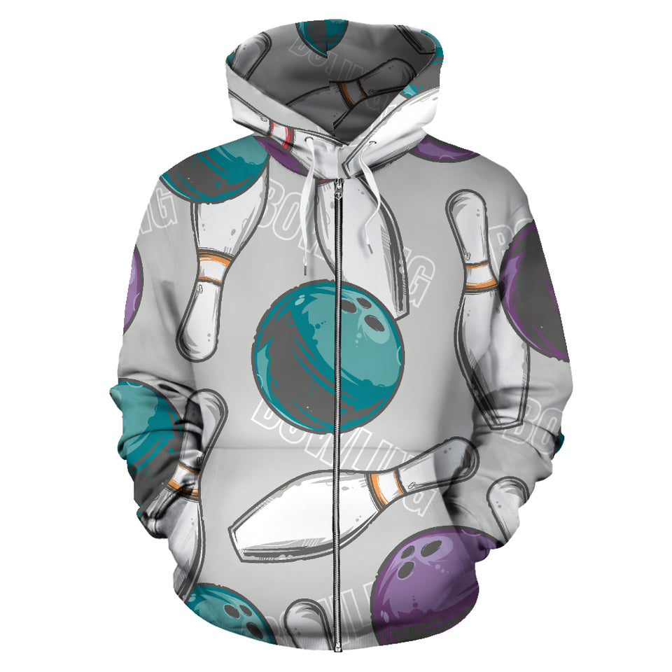 Bowling Ball And Pin Gray Background Zip Up Hoodie