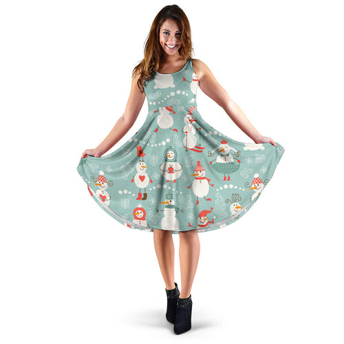 Cute Snowman Pattern Sleeveless Midi Dress