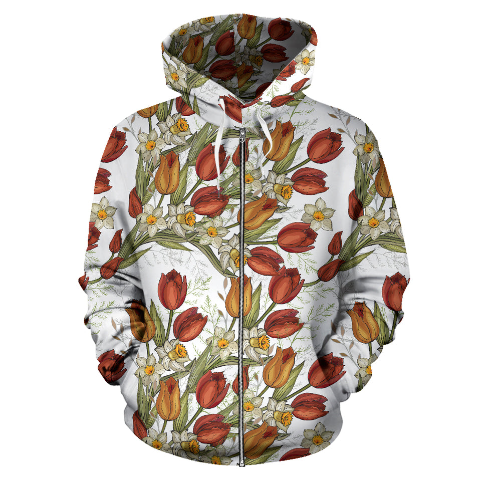 Red Tulips And Daffodils Pattern Zip Up Hoodie