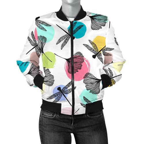 Dragonflies Ginkgo Leaves Pattern Women'S Bomber Jacket
