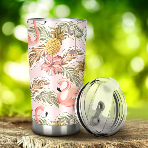 Pink Flamingo Birds Pineapples Hibiscus Flower Pattern Tumbler