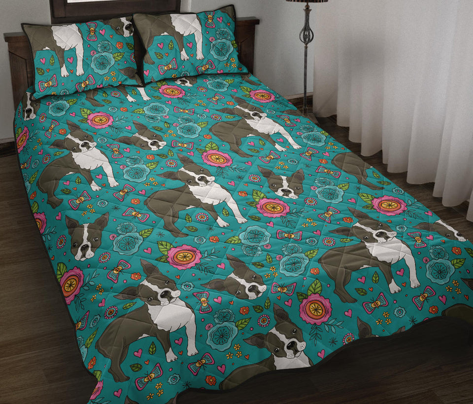 Boston terrier beautiful flower pattern Quilt Bed Set