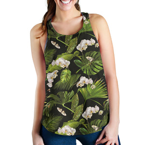 White orchid flower tropical leaves pattern blackground Women Racerback Tank Top