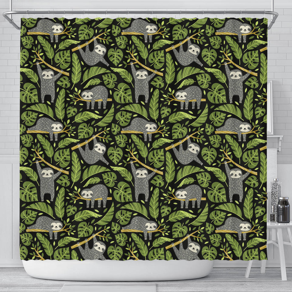 Cute Sloths Tropical Palm Leaves Black Background Shower Curtain Fulfilled In US