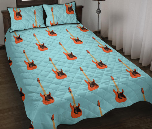 electric guitar pattern light blue background Quilt Bed Set