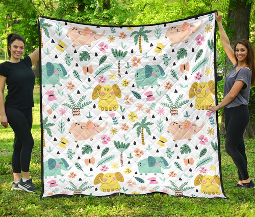 Cute Elephants Palm Tree Flower Butterfly Pattern Premium Quilt