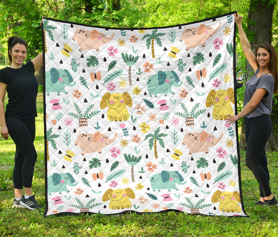 Cute Elephants Palm Tree Flower Butterfly Pattern Premium Quilt