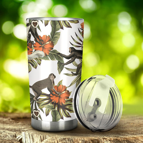 Monkey Red Hibiscus Flower Palm Leaves Floral Pattern Tumbler
