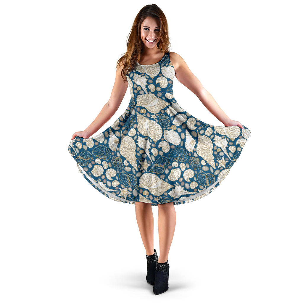 Shell Polynesian Tribal Design Pattern Sleeveless Midi Dress