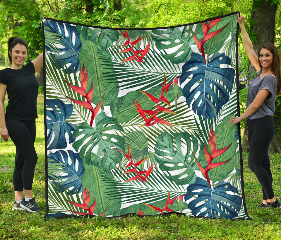 Heliconia Palm And Monstera  Leaves Pattern Premium Quilt