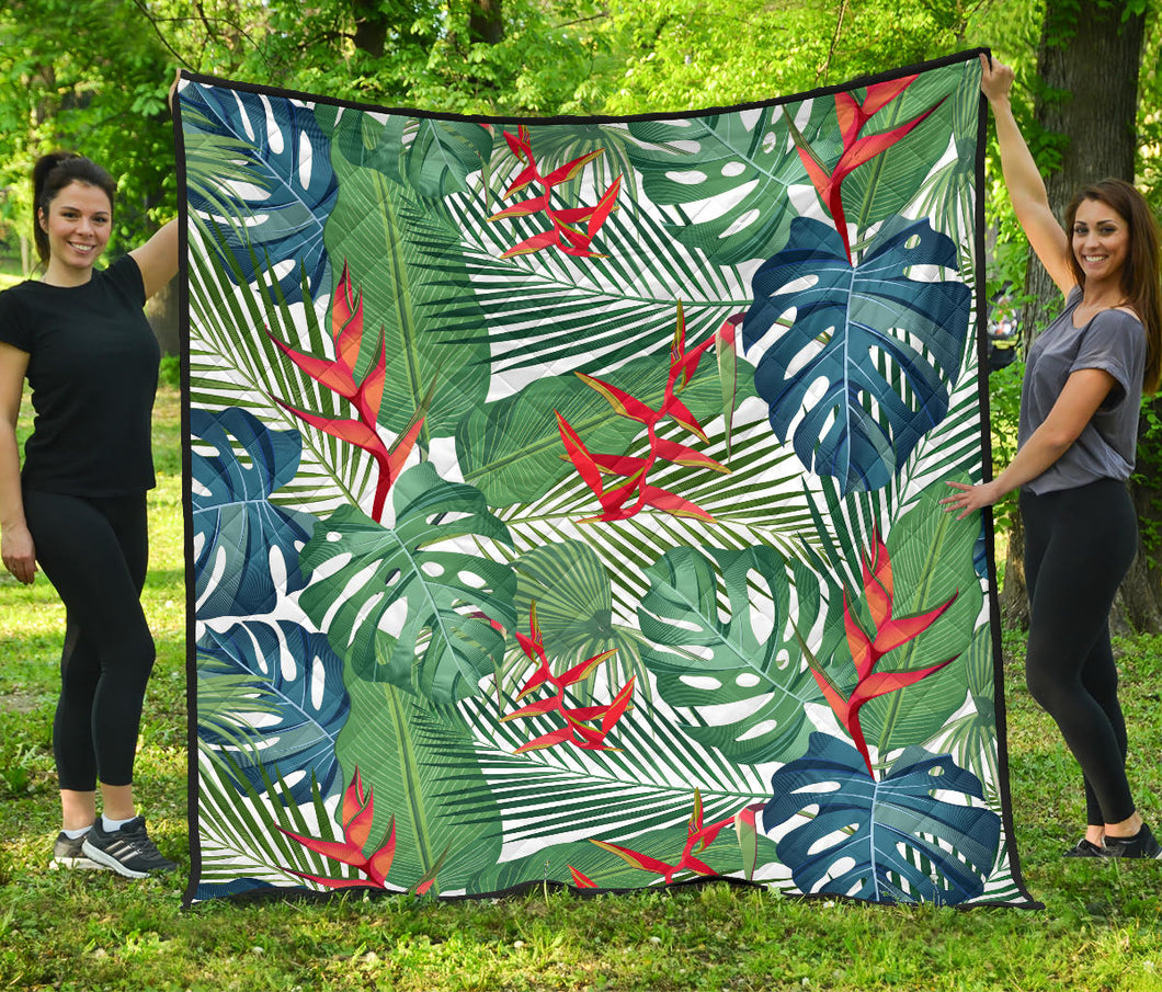 Heliconia Palm And Monstera  Leaves Pattern Premium Quilt