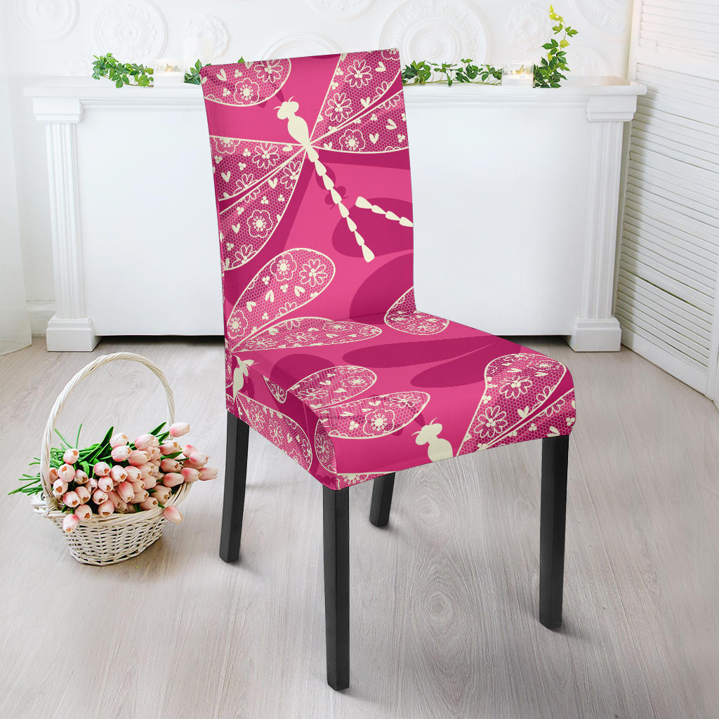 Beautiful Dragonfly Pink Background Dining Chair Slipcover