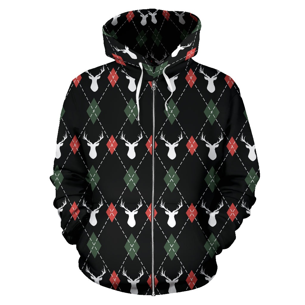 Deer Christmas New Year Pattern Argyle Zip Up Hoodie