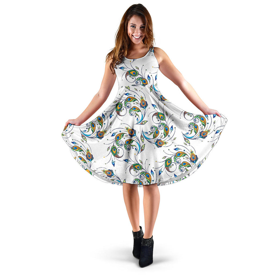 Peacock Feather Pattern Sleeveless Midi Dress