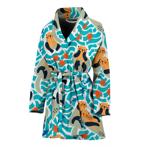 Cute Sea Otters Fishe Sea Urchin Pattern Women'S Bathrobe