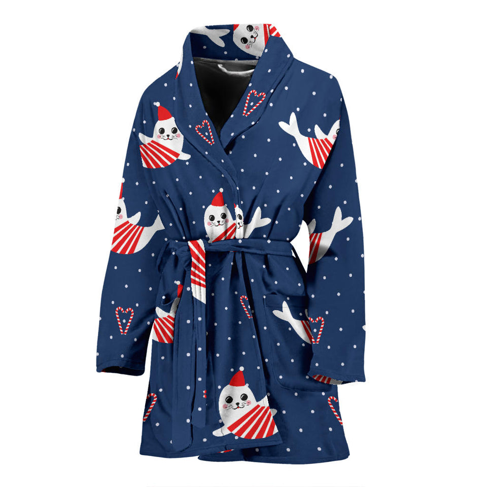 Cute Sea Lion Seal Christmas Hat Candy Cane Heart Pattern Women'S Bathrobe