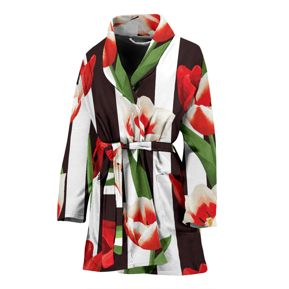 Red And White Tulips Pattern Women'S Bathrobe
