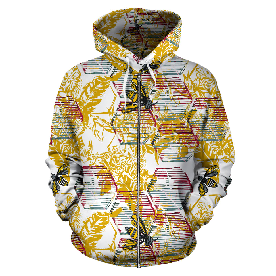 Cool Bee Honeycomb Leaves Pattern Zip Up Hoodie