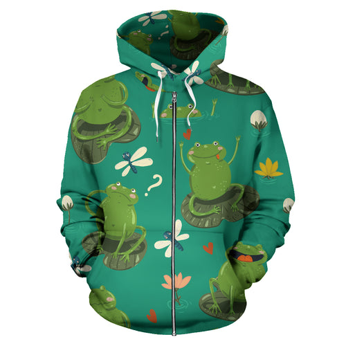 Cute Frog Dragonfly Design Pattern Zip Up Hoodie