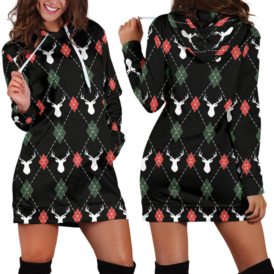 Deer Christmas New Year Pattern Argyle Women'S Hoodie Dress
