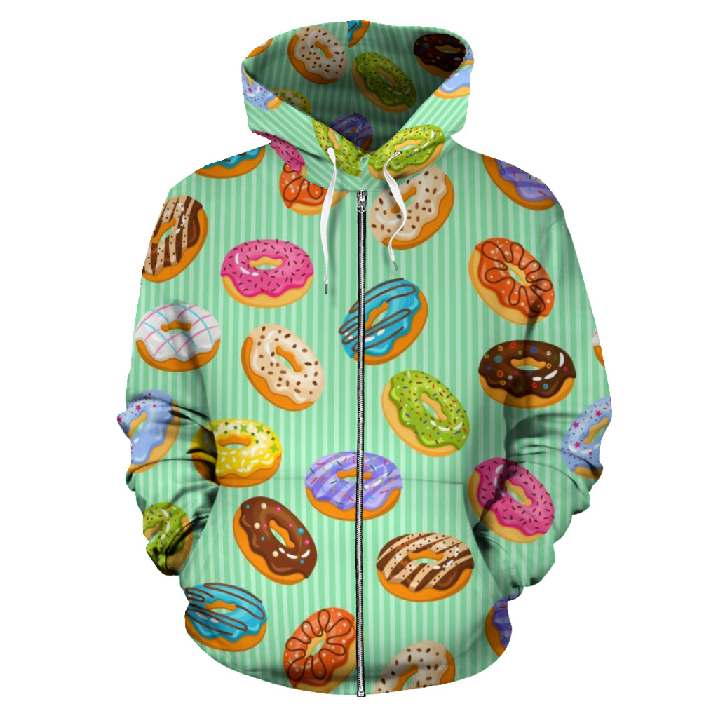 Colorful Donut Pattern Green Background Zip Up Hoodie