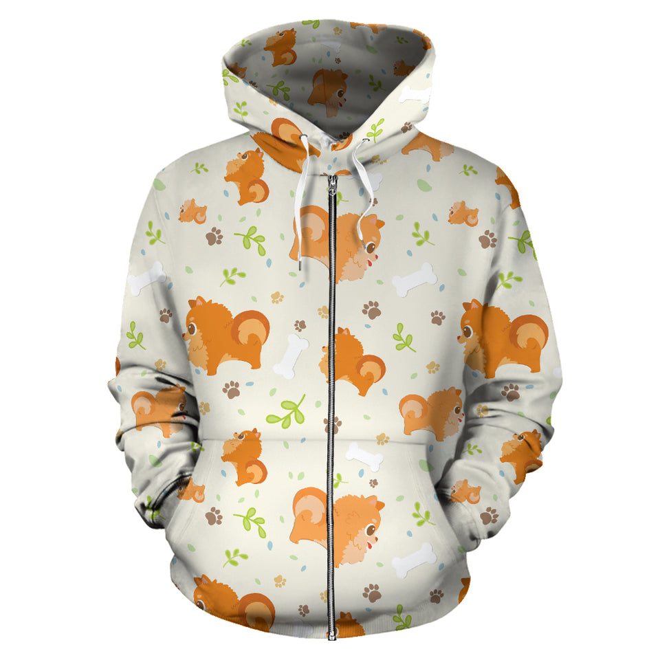 Cute Brown Pomeranian Paw Leave Bone Pattern Zip Up Hoodie