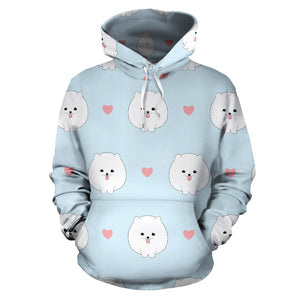 White Cute Pomeranian Pattern Men Women Pullover Hoodie