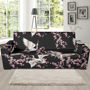 Japanese Crane Pink Sakura Pattern Sofa Slipcover