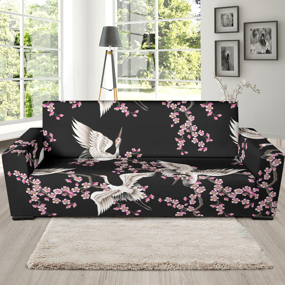 Japanese Crane Pink Sakura Pattern Sofa Slipcover