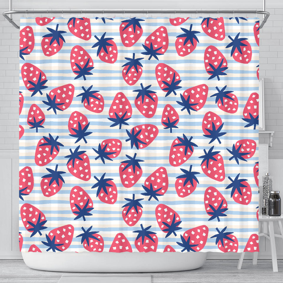 Strawberry Pattern Blue Lines Background Shower Curtain Fulfilled In US