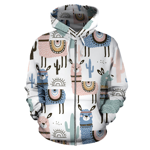 Lama Alpaca Cactus Hand Drawn Pattern Zip Up Hoodie