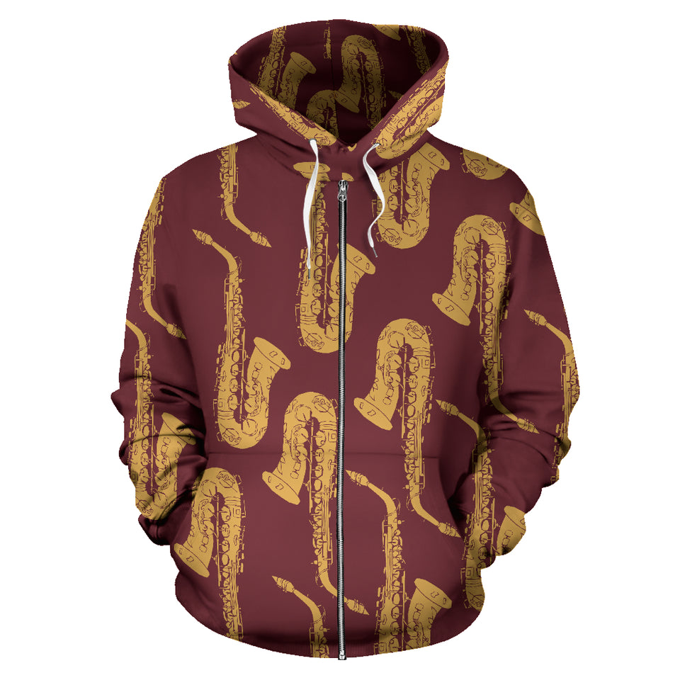 Hand Drawn Gold Saxophone Red Background  Zip Up Hoodie