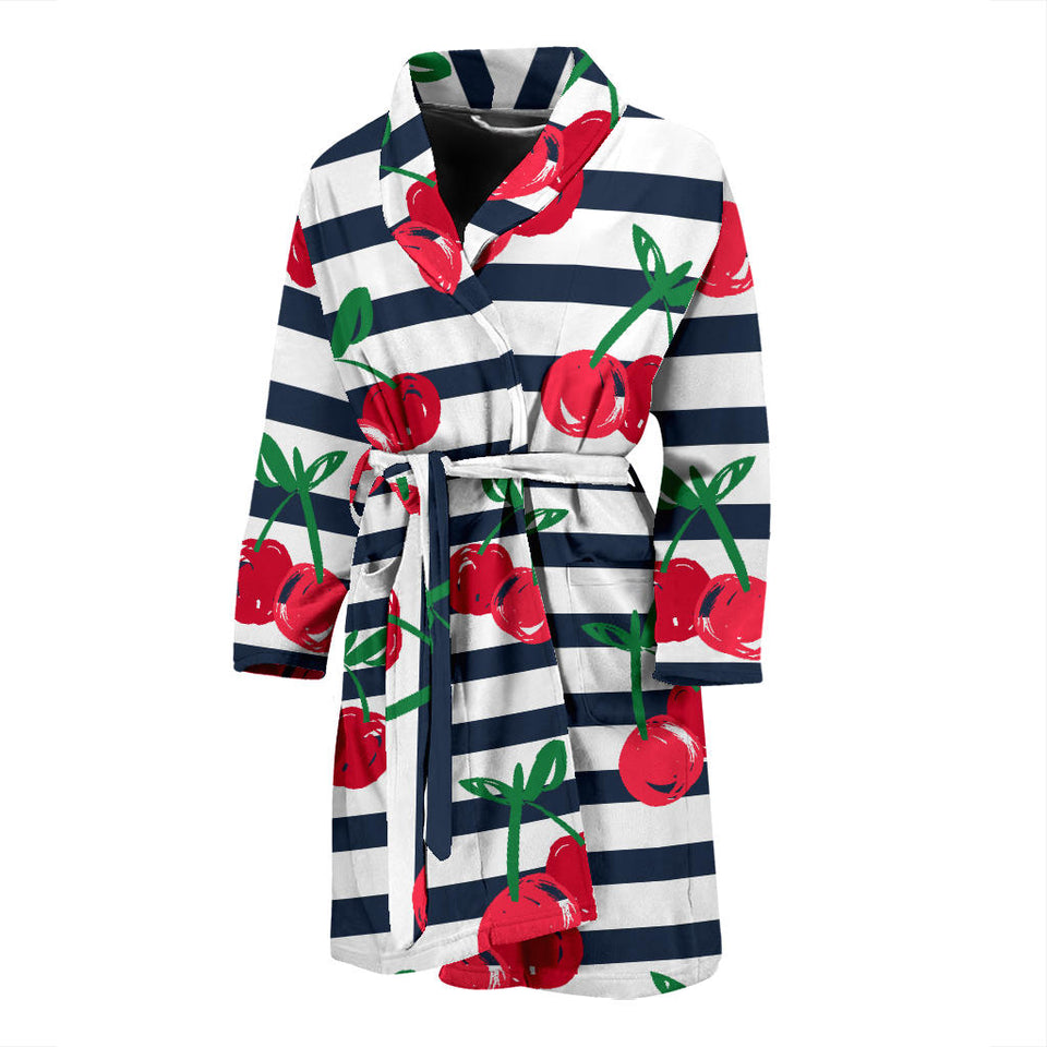 Hand Drawn Cherry Pattern Striped Background Men'S Bathrobe