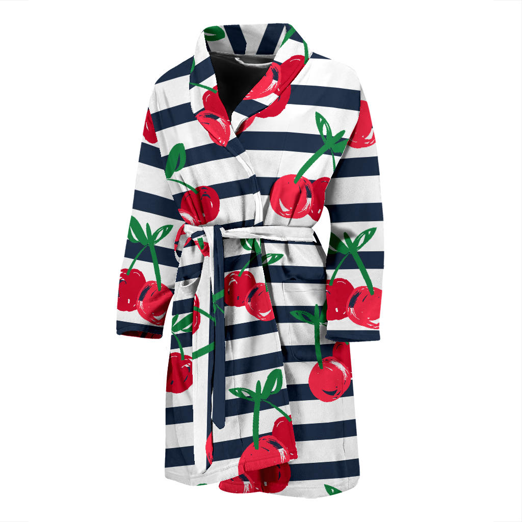 Hand Drawn Cherry Pattern Striped Background Men'S Bathrobe