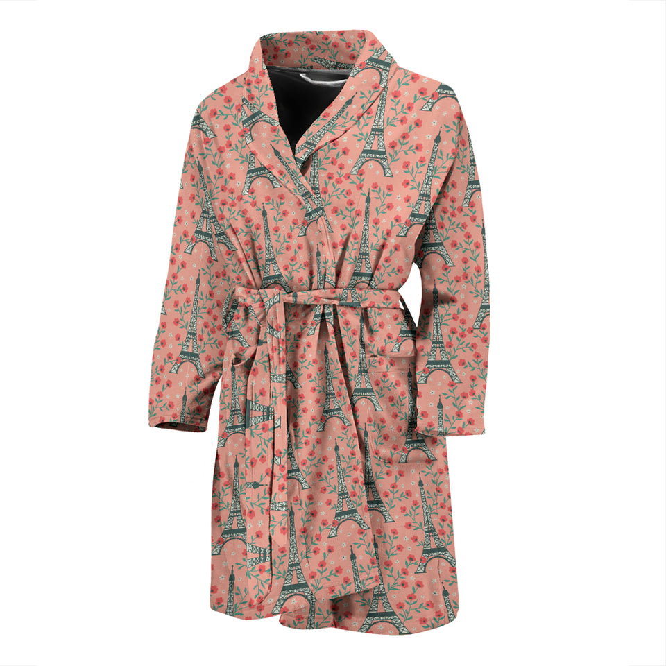 Eiffel Tower Flower Background Pattern Print Design 03 Men's Bathrobe
