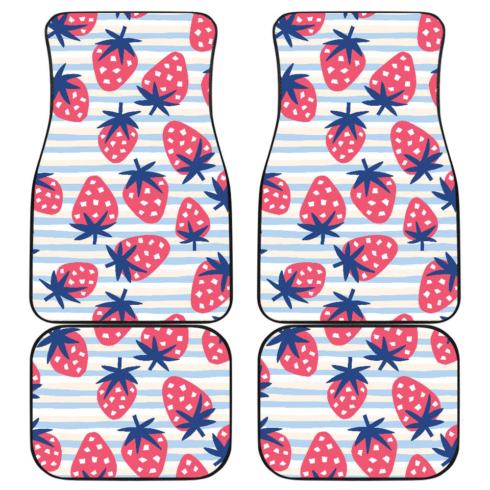 Strawberry Pattern Blue Lines Background Front And Back Car Mats