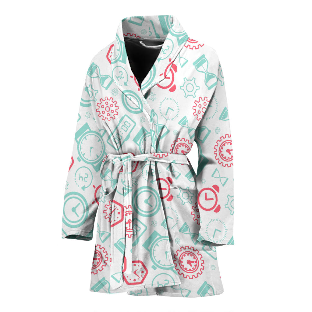 Clock Time Pattern Blackground Women'S Bathrobe
