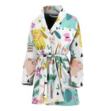 Cute Elephants Palm Tree Flower Butterfly Pattern Women'S Bathrobe