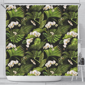 White Orchid Flower Tropical Leaves Pattern Blackground Shower Curtain Fulfilled In US