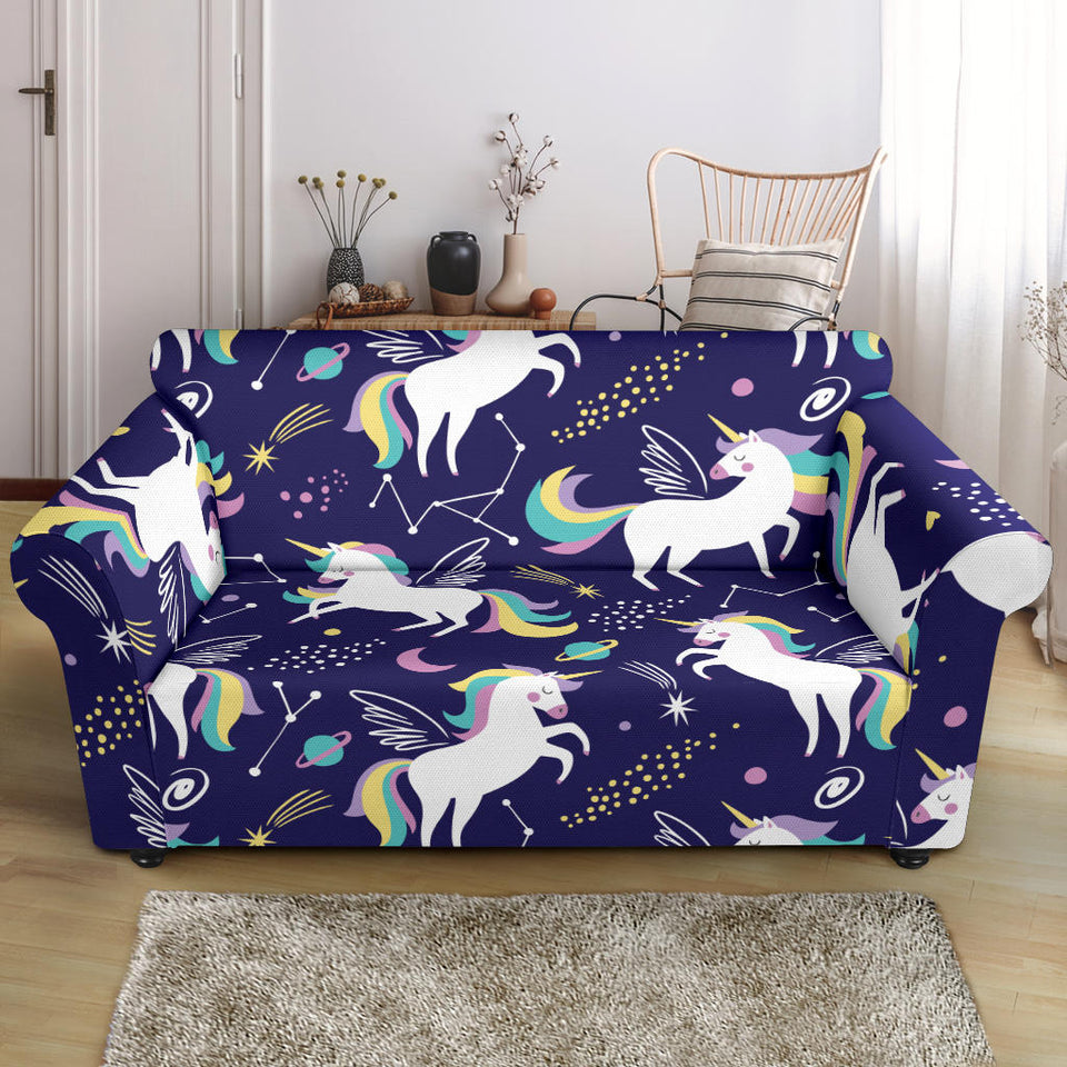 Hand Drawn Cute Unicorn Star Planet Loveseat Couch Slipcover