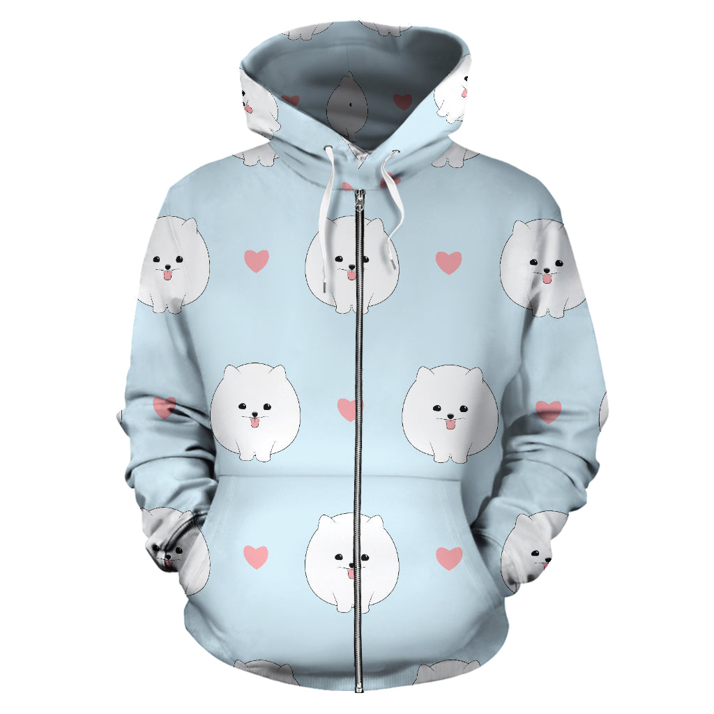 White Cute Pomeranian Pattern Zip Up Hoodie