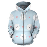 White Cute Pomeranian Pattern Zip Up Hoodie