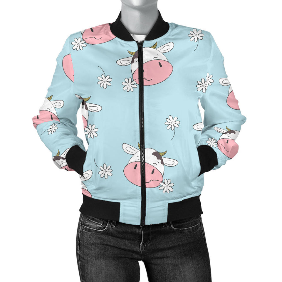 Cute Cow Flower Pattern Women'S Bomber Jacket