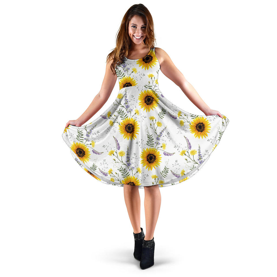 Beautiful Sunflowers Pattern Sleeveless Midi Dress