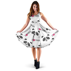 Hand Drawn Faces Of Pandas Pattern Sleeveless Midi Dress