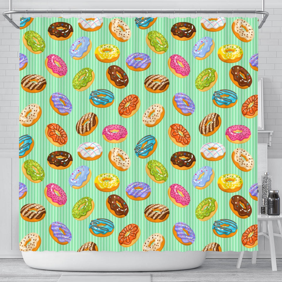 Colorful Donut Pattern Green Background Shower Curtain Fulfilled In US