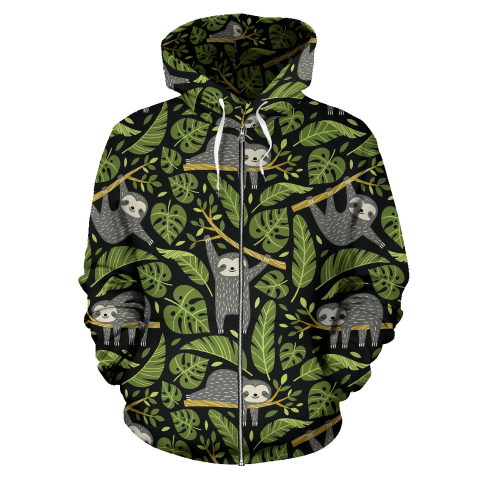 Cute Sloths Tropical Palm Leaves Black Background Zip Up Hoodie