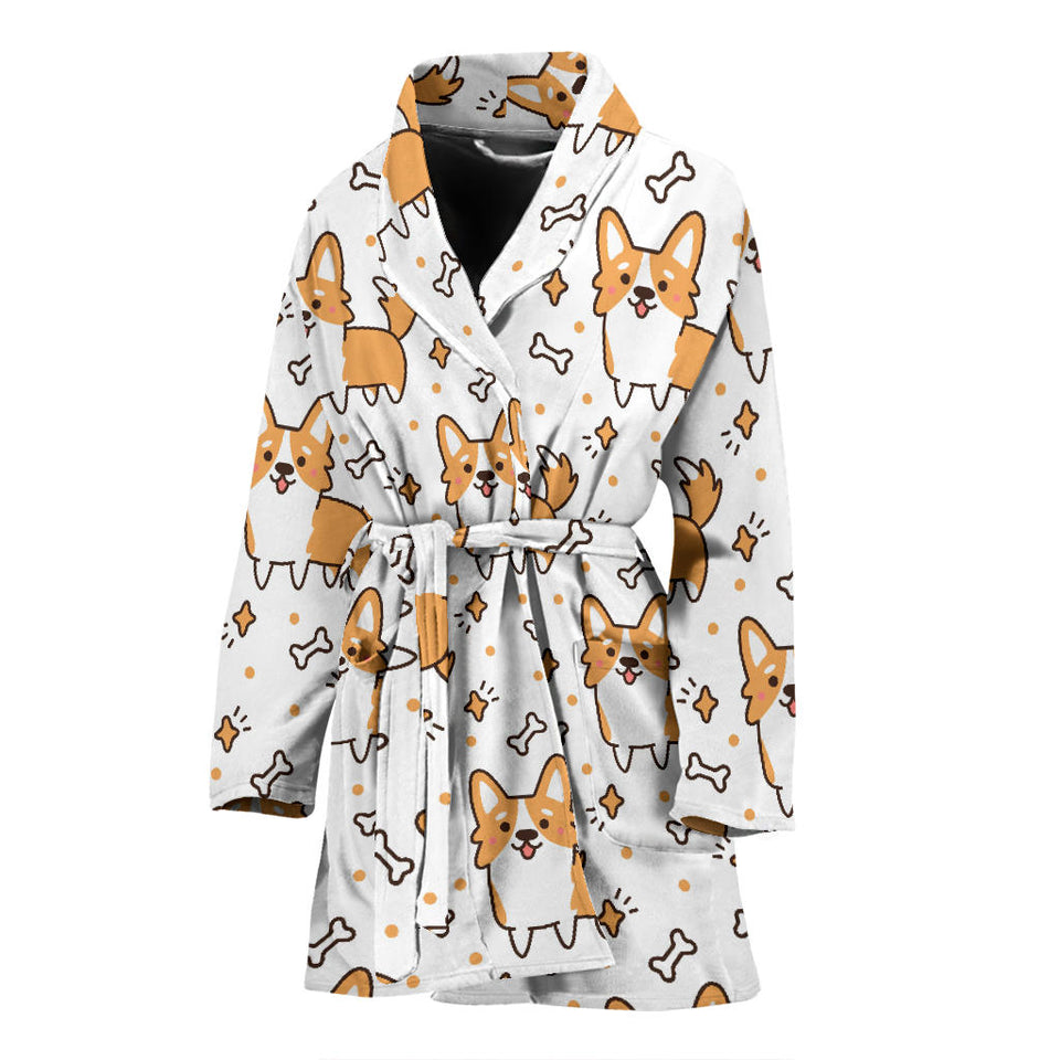 Cute Corgi Heart Star Bone Pattern Women'S Bathrobe