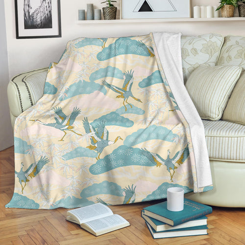 Bonsai Bamboo Stork Japanese Pattern Cream Theme Premium Blanket