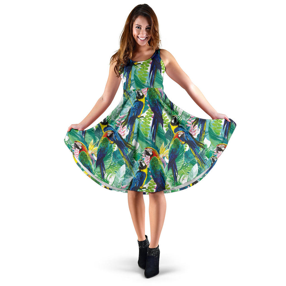 Colorful Parrot Exotic Flower Leaves Sleeveless Midi Dress
